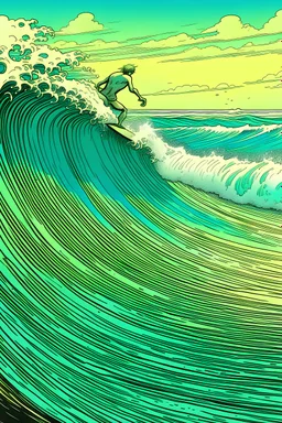 moebius illustration of an surfer on a big ocean