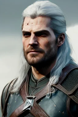 Henry cavil face, long white hair, wearing The witcher 3, realistic, 4k, intricate, best quality, fog particles