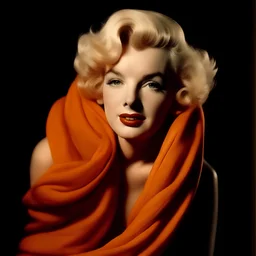 A photograph of marilyn monroe, surprised, inthe style of milton greene, orange silk scarf, brown background