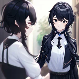 Clear focus, High resolution, short black hair, white and black hair, 2 hair colors, black eyes, wearing a black jacket and a white shirt, wearing a black skirt, 1girl, Genshin impact, long locks, long eyelashes, black tie