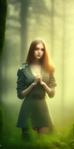 Beautiful pretty girl in picture in foggy forrest afternoon, 8k resolution, super hd detail realístic, fantasy