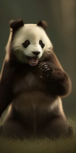 Demonic panda with fangs and scary in the dark scary forest Growling