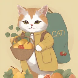 cute female cat wearing clothes. cat with a bag in hand, walking in fruits stor. grocery. Standing up. Cat wearing clothes. photographic. cinema
