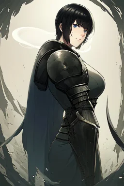 Motoko Kusanagi from "Ghost In The Shell (1995)", clad in medieval stell plate armour, melancholic, alone, big blue eyes, perfect, beautiful, black hair