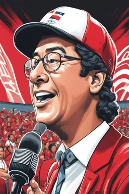 Ilustración estilo caricatura de Gustavo Petro presidente de Colombia, con gorra deportiva y camisa, hablando en un atril con micrófono, colores contrastantes, rojo, negro y blanco, fondo ciudad