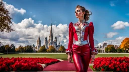 fullbody close up of 1 girl makeup wearing a dark red-silver victorian top and pants and pretty boots walking in moder city of 2040 park ,colorfull flowers ,pretty clouds in blue sky,city escape.