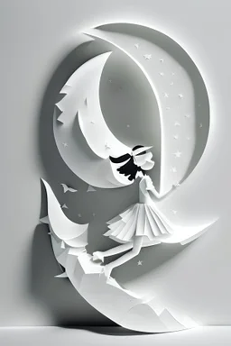 papercraft composition, a cartoon girl made of paper is riding a half moon, white color, white background, paper material, soft shadows, ambient occlusion, high quality photograph