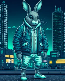 Conejo alienígena antropomorfico con chaqueta, Jens, tennis y gorra en la ciudad, full body, arte lineal, calidad ultra, hiperdetallado, maximalista, increíble obra de arte, 12k