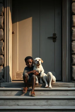 A black two years old boy and a white two years old boy holding a small dog and petting the small dog sitting on the door steps of the an old paints cracked dirty abandoned house door , insanely detailed octane render trending on artstation, 8k artistic photography, photorealistic concept art, soft natural volumetric cinematic perfect light, chiaroscuro, award-winning photograph, masterpieces, oil on canvas, Raphael, Caravaggio, Greg Rutkowski, people, beksinski,