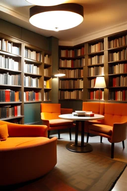 bibliothèque cosy et moderne couleurs chaudes confortable propice à la rechercheambiance suédoise