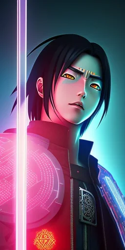 Itachi (Naruto), with cyber glowing swords, cyberpunk, full body, realistic, intricately detailed, neon lighting, vivid colors, neon, 64k