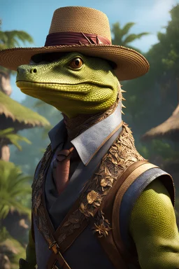 dnd character art of brown lizardfolk, wearing a small straw hat, colourful waistcoat, high resolution cgi, 4k, unreal engine 6, high detail, cinematic, concept art, thematic background, well framed