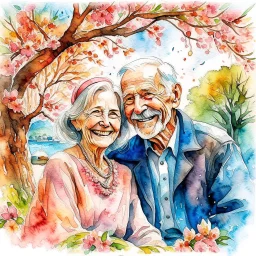 A vibrant watercolor wash splash art style portrait of a joyful elderly couple, their faces radiating happiness, sheltering beneath the blossoming branches of an old cherry tree. The man, with a neatly trimmed white mustache and a twinkle in his eye, gently holds the woman’s hand, while she smiles warmly, her silver hair softly framing her face. Below them, nestled amongst the roots of the tree, a textured sign reads "Happy 60th Wedding Anniversary" in bold lettering. The background depicts a mi