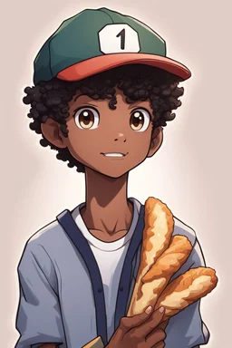 cute anime style african american guy with short curly hair on top of head, long oval face, holding baguette, wearing ash ketchum style cap