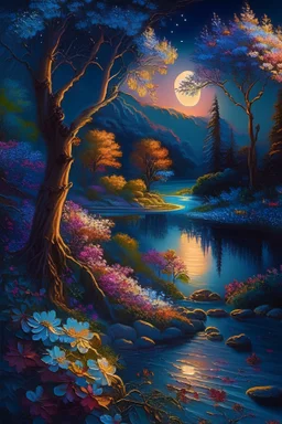 full light,highlight, trees, river, day, sun day, an idyliic forest with bright colorful flowers, mountains, sun,flower, a small river, paradise, heavenly atmosphere in the moonlit night, detailed painting, deep color, fantastucal, intricate details