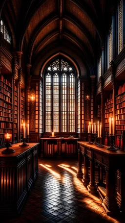 Hogwarts library with gothic windows, cozy atmosphere, candle lights, mysterious vibes and little bit of magic
