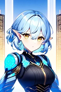 Cyborg anime warrior, light blue hair, short and messy hairstyle, pierced ears, golden eyes, waist up portrait, 8k resolution, intricate details, ornate details, soft lighting, vibrant colors, retroanime, masterpiece, intricate eyeliner, dark eyeshadow, eyes, intricate tattoos, futuristic cityscape background