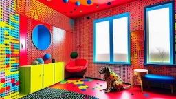 A room with a dog and a window, inspired by Yayoi Kusama, full of polka dots and vibrant colors that make you feel like you're in a dreamy, fantasy world.