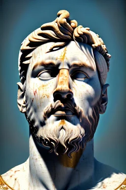 Ultra Realistic image, Roman sculpture, white marble material, Lionel Messi, gold Laurel leaves wreath, renaissance ornaments, radial gold lines, one gold star in heart, sun ornament back, blue background, chisel style, waist up portrait, emperor style, epic, celestial, cinematic lighting, God light, god rays, 4k resolution, smooth details, ornate details, soft lighting, unreal engine 5, art station, substance 3d.