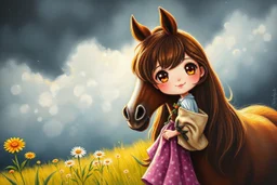 black light art, dramatic oil painting, flowerstorm, shading pastel and charcoal, cute chibi mohair brunette golden eyed happy woman with a horse in sunshine