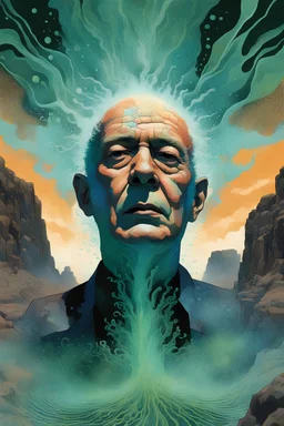 a close up portrait illustration of John Verne , a vision exploding from his mind, projecting ancestral spirits emerging from a horrific past , splashing on a semi-permeable membrane in fractal shapes congealed above an iridescent algal bloom in batik patterns across a desert landscape of columnar basalt and moeraki boulders, in the style of Alex Prager, Zdzislaw Beksinski and the comic book style of Jean-Giraud Moebius ,
