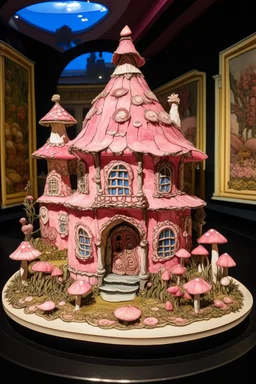 A pink castle with mushrooms designed in Bayeux tapestry painted by Edgar Degas