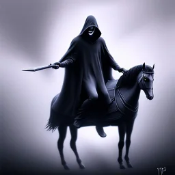 foggy london portrait of grim reaper with hoodie and horse, oil painting and spray