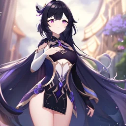 Clear focus,High resolution, Black long fluffy hair, and purple eyes, wearing a Genshin Impact Inspired Outfit,Detailed Clothes,A medium revealing, must wear a short skirt,