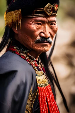 portrait photo of a asia old warrior chief, tribal panther make up, side profile, looking away, serious eyes, 50mm portrait photography, ultra realistic, 8k,