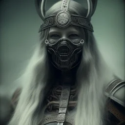 A viking girl with a mask, hr giger, scary, steam punk, realistic, made in octane, cinematic, ultra-realistic, extremely detailed octane rendering, 8K, VRAY Super Real ar 2:3, dof photorealistic futuristic 50mm lens hard lighting dark gray tintype photograph, realistic lighting, sepia color