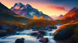 A view of breathtaking nature, at sunrise with a mountain stream and mountains in the background.