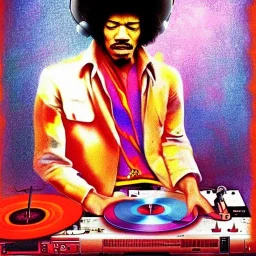 a realistic portrait of Jimi Hendrix at a turntable with headphones on being a DJ, vivid color, with sunglasses