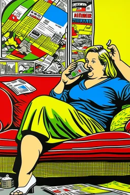 fat woman sitting on sofa READING NEWS PAPER listening to radio watching tv news WITH BIG BOTTLE OF SODA AND EATING BIG BAG OF POTATO CHIPS in a room with signs of propaganda in the style of roy lichtenstein