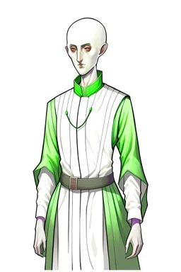 full length colour drawing, portrait, 22-year old friendly slender female human cleric, shaved head, light eyebrows, grey eyes, wearing white (10%0 and dark green (80%)