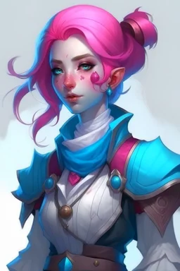 young female dnd air genasi cleric with pale blue skin and deep pink ombre hair