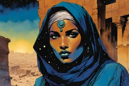 create an imaginative illustration of a Tuareg female, in traditional dress, with finely detailed facial features, in the ruins of Djado under the midnight sky, in the comic book art style of Bill Sienkiewicz, Mike Mignola, and Jean Giraud Moebius, finely textured, drawn, colored, and inked