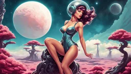 slim Sci-fi pin-up girl on an alien planet of cloud trees