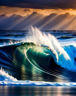 seascape by Ray Collins and artgerm, front view of a perfect wave, sunny background, ultra detailed water, 4k resolution