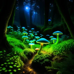 An enchanted forest of bioluminescent flora, where mystical creatures dance under a canopy of glowing mushrooms