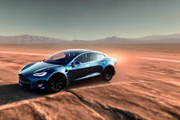 A Tesla 'Model S' is racing at top speed, in the Mojave Desert. (CINEMATIC, WIDE ANGLE LENS, PHOTO REAL)