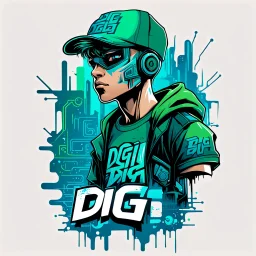 Vector t shirt art ready to print green blue graffiti illustration of a cyberpunk boy and a basecap with text "Digi".On cap, white background.