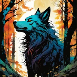 create a wildly conceptual print illustration of a feral wolf sorceress with highly detailed hair and feminine facial features, in an ethereal, otherworldly ,ancient autumn forest , in the comic book art style of Bill Sienkiewicz, Mike Mignola, Sparth, and Jean Giraud Moebius, finely drawn, colored, and inked, suffused with dramatic natural light and shadow of sunset