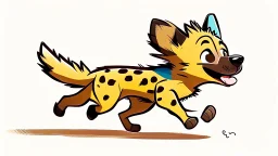 Cute chibi-style hyena dog, chasing its own tail, cartoony, colorful, exaggerated, simplified, adorable