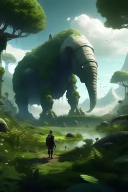 Paisaje de ciencia ficción con plantas y animales gigantes