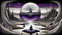 inner world this atypical world, one alone human figure sitting on big dark ball , weird whimsical landscape, alien forest, and Sahara water and rocks,, around surreal cracked painted weird land with some black doors. dark purple, gray, black, white, brown. Whimsical style of Chagall , of Minjae Lee and Anton Semenov, lonely with absurd beauty. broken, weird bizarr,e absurd nightmare, neuron network background, surreal vibe