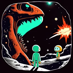 two sad characters gazing out of a spaceship window at a cratered burning close up 3d planet. On the left an thin alien with very pointy shape head and with x-shaped mouth, and on the right a bigg stronger dinosaur-like creature with big head sharp teeth. The background displays a dark space scattered with distant stars and three small explosions occurring on the planet's surface, adding a dramatic sense of action to the scene. realistic, detailed, cinematic, sci-fi
