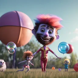 Ultra realistic circus scene. Sweet hair monster and Child’s playing, smile, happy, color bubbles, smooth color, waist up view, Wes Anderson style, dark ambient, highly detailed, concept art, unreal engine 5, god rays, ray tracing, RTX, lumen lighting, ultra detail, volumetric lighting, 3d, finely drawn, high definition, high resolution.