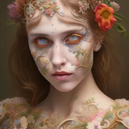 singer Danish MØ face, wildflower, facepaint, dnd character portrait, intricate, oil on canvas, intricate detail , soft smooth lighting, soft pastel colors, painted Renaissance style,