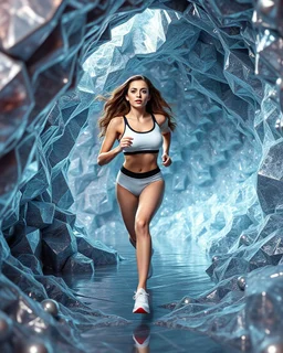 make a picture pretty cave made of crystal and metallic 3d fractal recursive cubic and sphere base structures and a beautiful fashion model lady with cute,curvy long hair,makeup, in pretty sports suit is running inside cave ,dynamic camera fallow her inside cave capturing full body, dynamic lights.