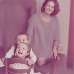 A mother sits on a chair and looks at her son with a smile and lots of love